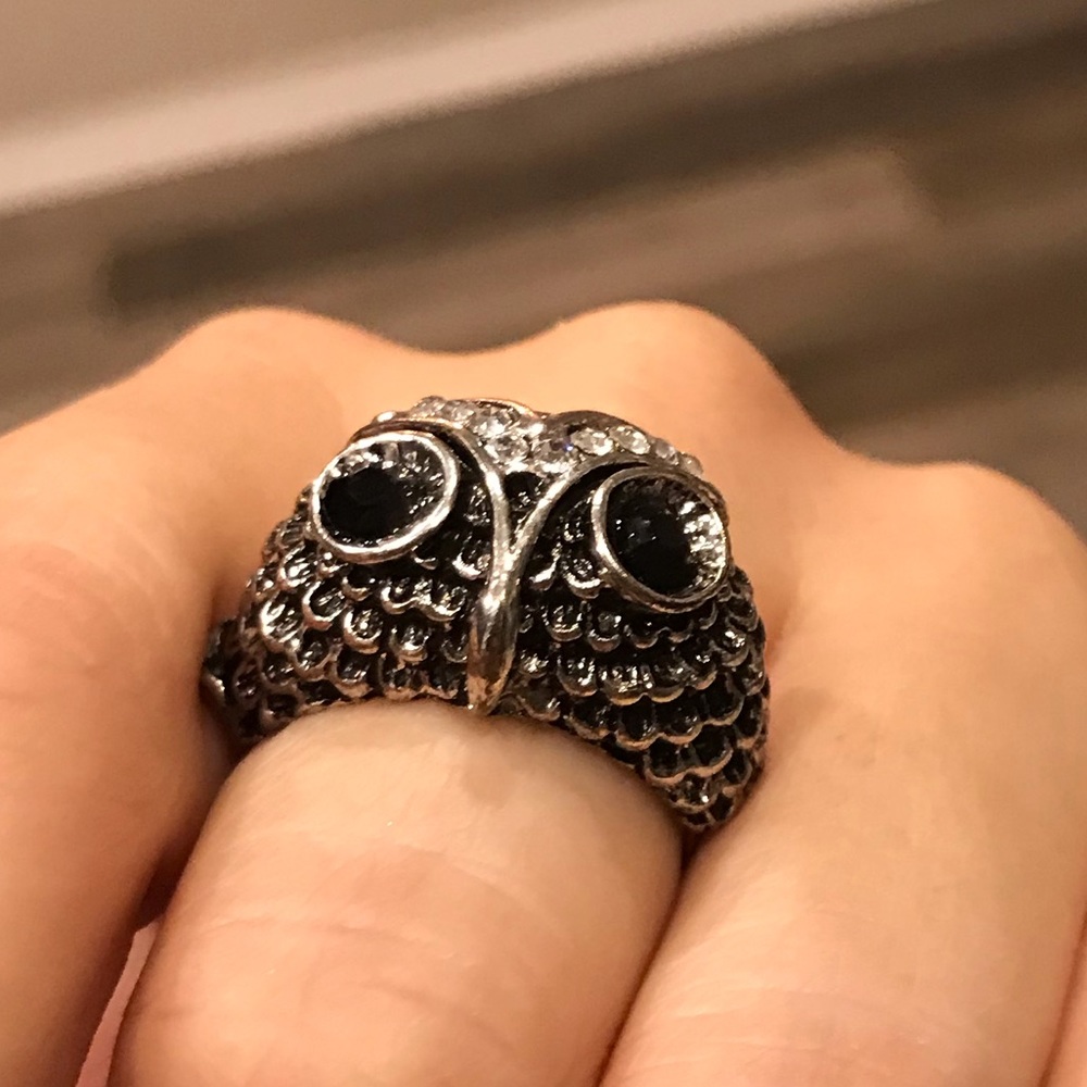 Diamond Accented Owl Ring Black & Silver